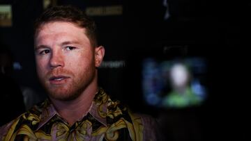 NEW YORK, NEW YORK - JUNE 27: Canelo Alvarez is interviewed on the red carpet before the press conference with boxer Gennadiy Golovkin on June 27, 2022 in New York City.   Dustin Satloff/Getty Images/AFP
== FOR NEWSPAPERS, INTERNET, TELCOS & TELEVISION USE ONLY ==