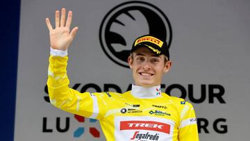 REMICH, LUXEMBOURG - SEPTEMBER 16: Mattias Skjelmose Jensen of Denmark and Team Trek - Segafredo celebrates at podium as Yellow Leader Jersey winner during the 82nd Skoda Tour Luxembourg 2022, Stage 4 a 26,1km individual time trial stage from Remich to Remich on September 16, 2022 in Remich, Luxembourg. (Photo by Bas Czerwinski/Getty Images)