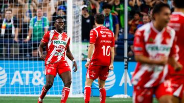 Aug 4, 2024; Seattle, Washington, USA; Necaxa forward Diber Cambindo (27) celebrates after scoring a goal against the Seattle Sounders FC during the first half at Lumen Field. Mandatory Credit: Joe Nicholson-USA TODAY Sports