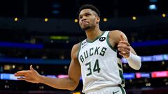 Feb 10, 2023; Los Angeles, California, USA;   Milwaukee Bucks forward Giannis Antetokounmpo (34) reacts to the crowd after a basket in the fourth quarter against the Los Angeles Clippers at Crypto.com Arena. Mandatory Credit: Jayne Kamin-Oncea-USA TODAY Sports