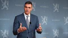 El presidente del Gobierno, Pedro Sánchez, durante su rueda de prensa tras su reunión con el primer ministro del Reino de Noruega, Jonas Gahr Støre, en Oslo, a 12 de abril de 2024, en Oslo (Noruega). Los mandatarios de España y Noruega han plasmado en un comunicado conjunto su disposición a avalar al Estado palestino aunque el primer ministro escandinavo evita comprometerse con el calendario. Esta cita forma parte de la gira que Sánchez ha iniciado por Europa para impulsar el reconocimiento del Estado palestino. Además de Irlanda y Noruega, el presidente del Gobierno visitará Eslovenia y Bégica.
12 ABRIL 2024;SÁNCHEZ;VISITA;NORUEGA;OSLO;PALESTINA;VIAJE;INTERNACIONAL;PRESIDENTE;
Moncloa
12/04/2024