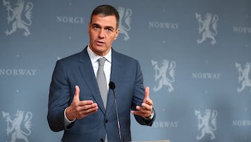 El presidente del Gobierno, Pedro Sánchez, durante su rueda de prensa tras su reunión con el primer ministro del Reino de Noruega, Jonas Gahr Støre, en Oslo, a 12 de abril de 2024, en Oslo (Noruega). Los mandatarios de España y Noruega han plasmado en un comunicado conjunto su disposición a avalar al Estado palestino aunque el primer ministro escandinavo evita comprometerse con el calendario. Esta cita forma parte de la gira que Sánchez ha iniciado por Europa para impulsar el reconocimiento del Estado palestino. Además de Irlanda y Noruega, el presidente del Gobierno visitará Eslovenia y Bégica.
12 ABRIL 2024;SÁNCHEZ;VISITA;NORUEGA;OSLO;PALESTINA;VIAJE;INTERNACIONAL;PRESIDENTE;
Moncloa
12/04/2024