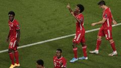 Bayern&#039;s Kingsley Coman, second right, celebrates after scoring his side&#039;s opening goal during the Champions League final soccer match between Paris Saint-Germain and Bayern Munich at the Luz stadium in Lisbon, Portugal, Sunday, Aug. 23, 2020. (