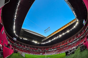  Al Bayt Stadium, Al Khor, Qatar, prior to the FIFA Arab Cup group A soccer match between Qatar and Bahrain. The 60,000-seater venue will host 6 group stage matches including the opening game, one round of 16, one quarter-final and one semi-final. The FIFA World Cup 2022 will kick-off on 20 November 2022.