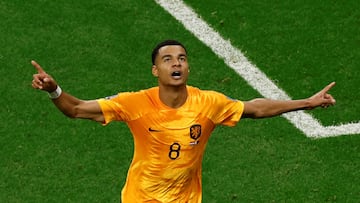 FILE PHOTO: Soccer Football - FIFA World Cup Qatar 2022 - Group A - Netherlands v Qatar - Al Bayt Stadium, Al Khor, Qatar - November 29, 2022 Netherlands' Cody Gakpo celebrates scoring their first goal REUTERS/Albert Gea/File Photo