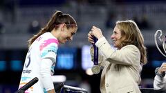 HARRISON, NEW JERSEY - MARCH 15: Alex Morgan #13 of the San Diego Wave FC is congratulated by NWSL commissioner Jessica Berman after the 2024 NWSL Challenge Cup at Red Bull Arena on March 15, 2024 in Harrison, New Jersey. The San Diego Wave FC defeated the NY/NJ Gotham FC 1-0 to win the NWSL Challenge Cup.   Elsa/Getty Images/AFP (Photo by ELSA / GETTY IMAGES NORTH AMERICA / Getty Images via AFP)