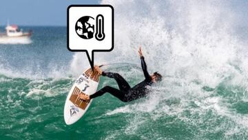 Gony Zubizarreta surfeando con su grip de Surfstainable que recopila información del mar, representado con un símbolo.