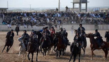 Afghan horsemen during a game of the traditional sport of buzkashi. 