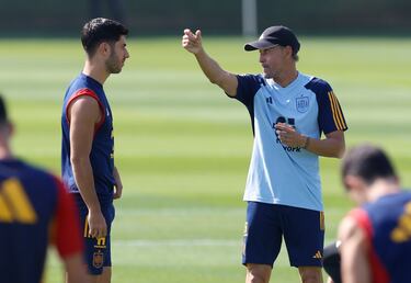El seleccionador español, Luis Enrique, dialogando con Marco Asensio.