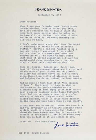 La carta de Frank Sinatra a George Michael sobre la fama