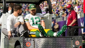 Oct 15, 2017; Minneapolis, MN, USA; Green Bay Packers quarterback Aaron Rodgers (12) is taken off the field on a cart in the first quarter against the Minnesota Vikings at U.S. Bank Stadium. Mandatory Credit: Brad Rempel-USA TODAY Sports