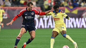 Apr 2, 2024; Foxborough, MA, USA; Club America midfielder Javairo Dilrosun (24) controls the ball against New England Revolution defender Henry Kessler (4) during the first half at Gillette Stadium. Mandatory Credit: Brian Fluharty-USA TODAY Sports