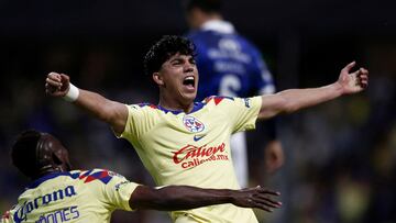 Kevin Alvarez of America celebrates after scoring against Puebla during the Mexican Apertura 2023 tournament football match at the Azteca stadium in Mexico City, on July 15, 2023. (Photo by Rodrigo Oropeza / AFP)
