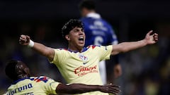 Kevin Alvarez of America celebrates after scoring against Puebla during the Mexican Apertura 2023 tournament football match at the Azteca stadium in Mexico City, on July 15, 2023. (Photo by Rodrigo Oropeza / AFP)