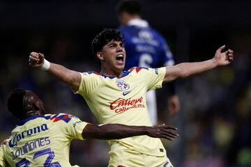 Kevin Alvarez of America celebrates after scoring against Puebla during the Mexican Apertura 2023 tournament football match at the Azteca stadium in Mexico City, on July 15, 2023. (Photo by Rodrigo Oropeza / AFP)