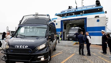 Italian Carabinieri vans leave a ferry at a port as part of additional security measures deployed for G7 Foreign Ministers summit in Capri, Italy, April 15, 2024. REUTERS/Remo Casilli REFILE - CORRECTING YEAR FROM "2023" TO "2024".