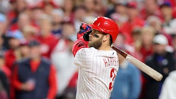 PHILADELPHIA, PENNSYLVANIA - OCTOBER 22: Bryce Harper #3 of the Philadelphia Phillies hits an RBI double during the fifth inning against the San Diego Padres in game four of the National League Championship Series at Citizens Bank Park on October 22, 2022 in Philadelphia, Pennsylvania.   Michael Reaves/Getty Images/AFP