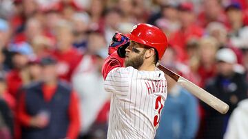 PHILADELPHIA, PENNSYLVANIA - OCTOBER 22: Bryce Harper #3 of the Philadelphia Phillies hits an RBI double during the fifth inning against the San Diego Padres in game four of the National League Championship Series at Citizens Bank Park on October 22, 2022 in Philadelphia, Pennsylvania. Michael Reaves/Getty Images/AFP