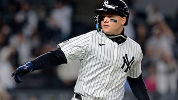 NEW YORK, NEW YORK - APRIL 9: Alex Verdugo #24 of the New York Yankees reacts after connecting for a solo homerun in the bottom of the second inning during the game against the Miami Marlins at Yankee Stadium on April 9, 2024 in New York City. Christopher Pasatieri/Getty Images/AFP (Photo by Christopher Pasatieri / GETTY IMAGES NORTH AMERICA / Getty Images via AFP)