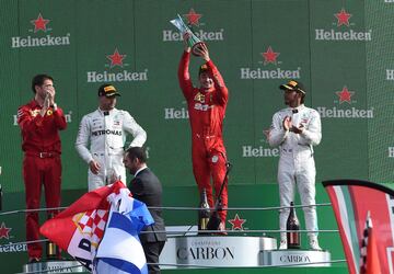 Los ganadores en el podio. Leclerc 1º, Valtteri Bottas 2º, Hamilton 3º.