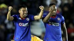 Soccer Football - Liga MX - Cruz Azul v Tigres UANL - Estadio Ciudad de los Deportes, Mexico City, Mexico - February 17, 2024 Cruz Azul's Carlos Rodriguez and Willer Ditta celebrates an own goal by Tigres UANL's Diego Reyes and Cruz Azul's first REUTERS/Raquel Cunha