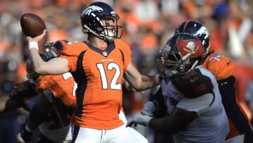 Denver Broncos quarterback Paxton Lynch (12) throws a pass against the Tampa Bay Buccaneers during the second quarter of an NFL football game Sunday, Oct. 2, 2016, in Tampa, Fla. (AP Photo/Jason Behnken)