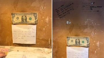 A couple found an old note and a banknote hidden in their bathroom wall. The find had been hidden for almost 20 years.