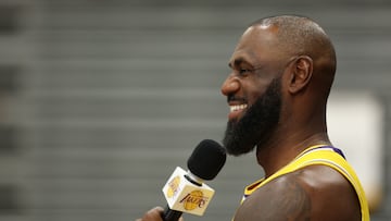 US basketball player LeBron James speaks to reporters during the Los Angeles Lakers media day at UCLA Health Training Center El Segundo, California on September 29, 2025. (Photo by Patrick T. Fallon / AFP)