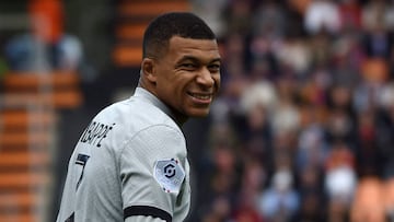 Paris Saint-Germain's French forward Kylian Mbappe reacts during the French L1 football match between FC Lorient and Paris Saint Germain (PSG) at Stade du Moustoir in Lorient, western France on November 6, 2022. (Photo by GUILLAUME SOUVANT / AFP) (Photo by GUILLAUME SOUVANT/AFP via Getty Images)