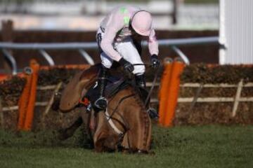 Ruby Walsh cae junto a su caballo Annie Power en la carrera de obstáculos de la OLBG Mare' Hurdle del hipódromo de Cheltenham, Inglaterra.