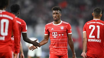 LEIPZIG, GERMANY - JULY 30: Kingsley Coman (C) of Bayern celebrates during the Supercup 2022 match during the Supercup 2022 match between RB Leipzig and FC Bayern München at Red Bull Arena on July 30, 2022 in Leipzig, Germany. (Photo by Marvin Ibo Guengoer - GES Sportfoto/Getty Images)