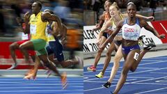 Usain Bolt y Dina Asher-Smith corren sobre el tart&aacute;n azul del Estadio Ol&iacute;mpico de Berl&iacute;n.