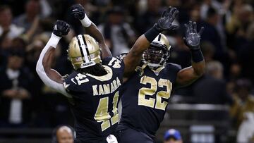 NEW ORLEANS, LA - JANUARY 07: Alvin Kamara #41 of the New Orleans Saints and Mark Ingram #22 celebrate during the second half of the NFC Wild Card playoff game against the Carolina Panthers at the Mercedes-Benz Superdome on January 7, 2018 in New Orleans, Louisiana.   Jonathan Bachman/Getty Images/AFP
 == FOR NEWSPAPERS, INTERNET, TELCOS &amp; TELEVISION USE ONLY ==