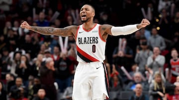 Damian Lillard celebra una canasta durante el partido que ha enfrentado a los Portland Trail Blazers y a los Atlanta Hawks