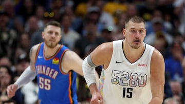 DENVER, COLORADO - MAY 15: Nikola Jokic #15 of the Denver Nuggets dribbles the ball ahead of Isaiah Hartenstein #55 of the Oklahoma City Thunder during the first quarter in Game Six of the Western Conference Second Round NBA Playoffs at Ball Arena on May 15, 2025 in Denver, Colorado. NOTE TO USER: User expressly acknowledges and agrees that, by downloading and or using this photograph, User is consenting to the terms and conditions of the Getty Images License Agreement. Matthew Stockman/Getty Images/AFP (Photo by MATTHEW STOCKMAN / GETTY IMAGES NORTH AMERICA / Getty Images via AFP)