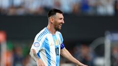 EAST RUTHERFORD, NEW JERSEY - JULY 09: Lionel Messi of Argentina celebrates after scoring the team's second goal with during the CONMEBOL Copa America 2024 semifinal match between Canada and Argentina at MetLife Stadium on July 09, 2024 in East Rutherford, New Jersey.   Sarah Stier/Getty Images/AFP (Photo by Sarah Stier / GETTY IMAGES NORTH AMERICA / Getty Images via AFP)