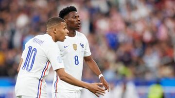 Kylian Mbappe (Paris Saint-Germain) and Aurelien Tchouameni (AS Monaco) of France during the UEFA Nations League League A Group 1 match between France and Croatia at Stade de France on June 13, 2022 in Paris, France. (Photo by Jose Breton/Pics Action/NurPhoto via Getty Images)