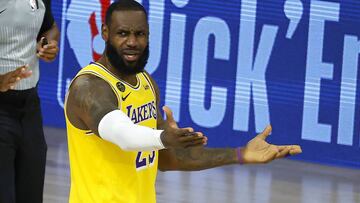 LeBron James of the Los Angeles Lakers reacts to a call against the Oklahoma City Thunder during the second half of an NBA basketball game Wednesday, Aug. 5, 2020, in Lake Buena Vista, Fla. (Kevin C. Cox/Pool Photo via AP)