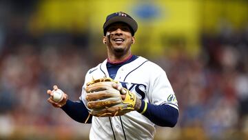 ST PETERSBURG, FL - JULY 4: Wander Franco #5 of the Tampa Bay Rays smiles between half innings against the Philadelphia Phillies at Tropicana Field on July 4, 2023 in St Petersburg, Florida.   Kevin Sabitus/Getty Images/AFP (Photo by Kevin Sabitus / GETTY IMAGES NORTH AMERICA / Getty Images via AFP)