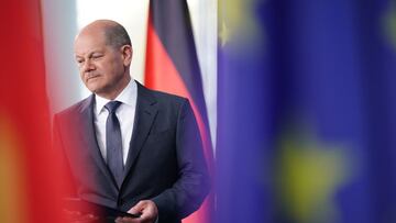 BERLIN, GERMANY - APRIL 19: Olaf Scholz, Chancellor of Germany issues a statement following a virtual meeting with world leaders at the Chancellery on April 19, 2022 in Berlin, Germany. Chancellor Scholz joined in discussions with leaders of the United St