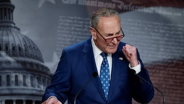 Senate Majority Leader Chuck Schumer (D-NY) speaks to the media after the 51-50 vote passed the "Inflation Reduction Act of 2022" on Capitol Hill.