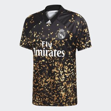 Los Blancos, along with their sponsor Adidas, have launched a new limited edition shirt which will be seen on video game FIFA 20. The key detail is the gold confetti style on a black background. This will not be used by the first team for an official matc