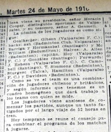 La n&oacute;mina de viajeros de la selecci&oacute;n chilena a Argentina en mayo de 1910.