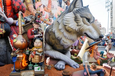 'Ninots' que representan al presidente ruso, Vladimir Putin, amenazando con presionar el botón "Game Over" y al líder norcoreano, Kim Jong Un, con una pistola junto a una caldera nuclear. 