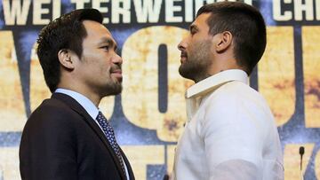 Manny "Pacman" Pacquiao y Lucas Matthysse se encaran durante la presentación de combate del próximo 15 de julio en Kuala Lumpur.