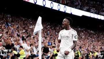 Vinicius Jr of Real Madrid celebrates a goal during the La Liga 2025/26 match between Real Madrid and Mallorca at Santiago Bernabeu Stadium in Madrid, Spain, on August 30. (Photo by Guillermo Martinez/NurPhoto via Getty Images)