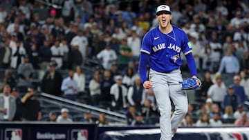 Oct 8, 2025; Bronx, New York, USA; Toronto Blue Jays pitcher Jeff Hoffman (23) celebrates getting the last out to win the ALDS round for the 2025 MLB playoffs against the New York Yankees at Yankee Stadium. Mandatory Credit: Vincent Carchietta-Imagn Images