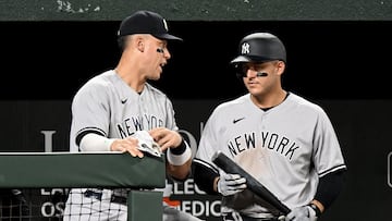 BALTIMORE, MARYLAND - JULY 30: Aaron Judge #99 of the New York Yankees talks with Anthony Rizzo #48 in the eighth inning of the game against the Baltimore Orioles at Oriole Park at Camden Yards on July 30, 2023 in Baltimore, Maryland.   Greg Fiume/Getty Images/AFP (Photo by Greg Fiume / GETTY IMAGES NORTH AMERICA / Getty Images via AFP)