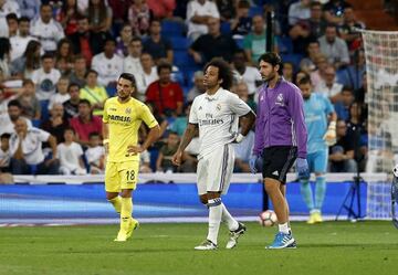 Marcelo (centre) comes off injured against Villarreal.
