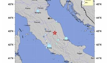 Fotograf&iacute;a cedida hoy, 26 de octubre de 2016, por el Servicio Geol&oacute;gico de los Estados Unidos (USGS) que muestra el lugar donde se produjo un terremoto superior a los 5 grados en la escala Ritcher en Perugia, Italia. EFE/Usgs FOTOGRAF&Iacute;A CEDIDA/ SOLO USO EDITORIAL/ NO VENTAS